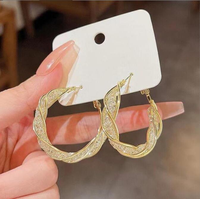 Metal Hollow Mesh Crystal Hoop High-grade Fashionable Earrings