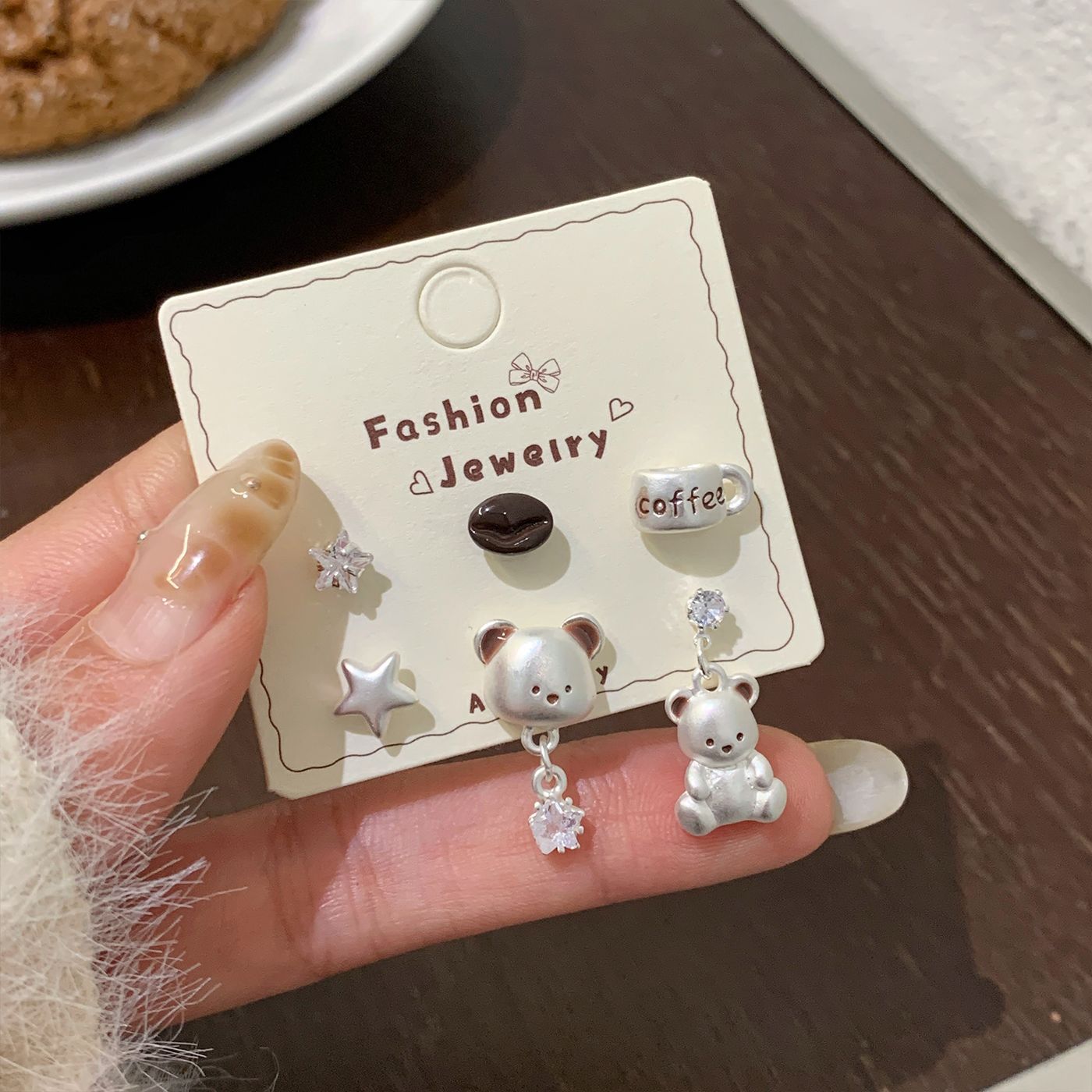 Sier Coffee Bear Ear Female Needle Fun Stud Earrings