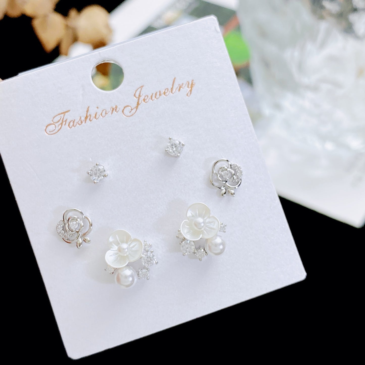 Women's Rhinestone Pearl Three Pairs Storage Ear Earrings