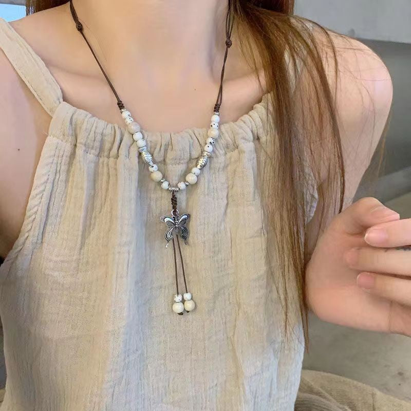 Women's Retro Ethnic Style Ceramic Butterfly Bell Fashionable Necklace