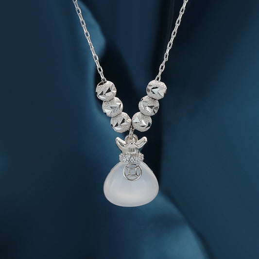 Women's Sier Five Lucky Beads Chalcedony Purse Necklaces
