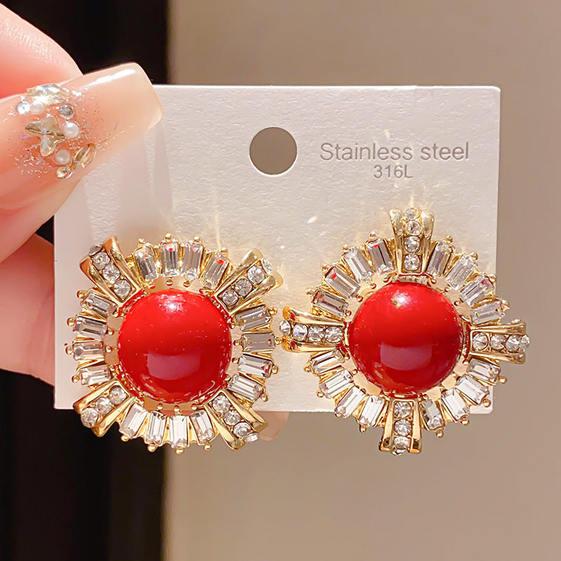 Women's Sier Needle Zircon Life Red Pony Light Luxury Earrings