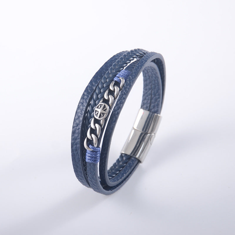 Men's Stainless Steel Chain Cross Woven Leather Bracelets