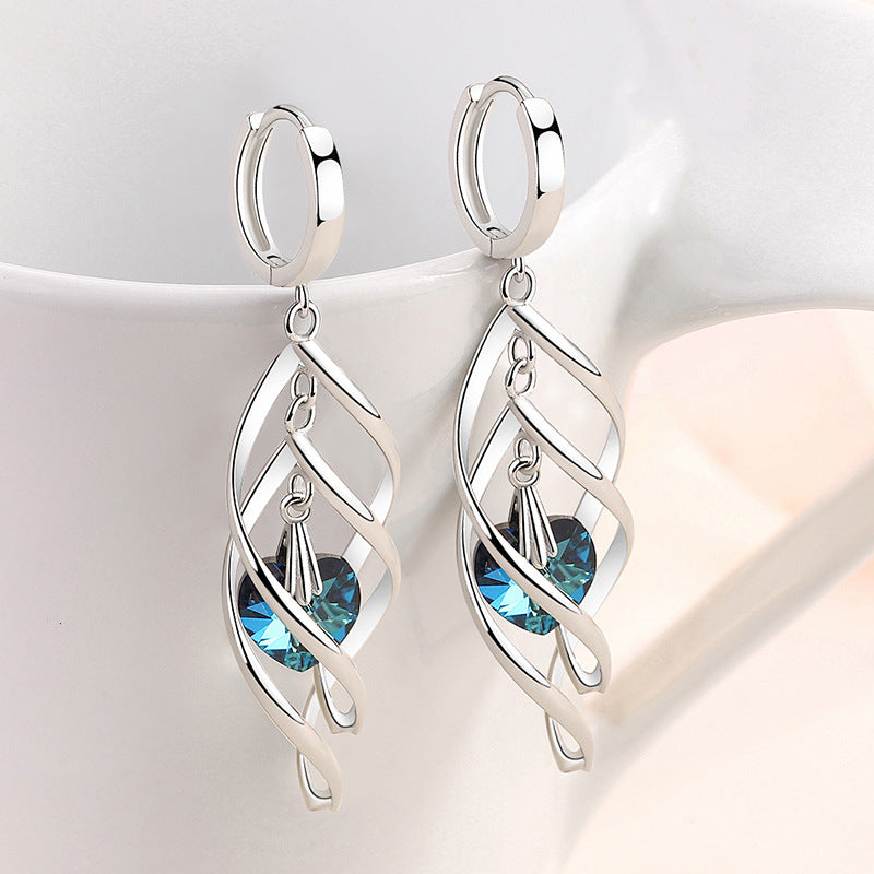Korean Style Blue Crystal Heart Ocean French Temperament Earrings