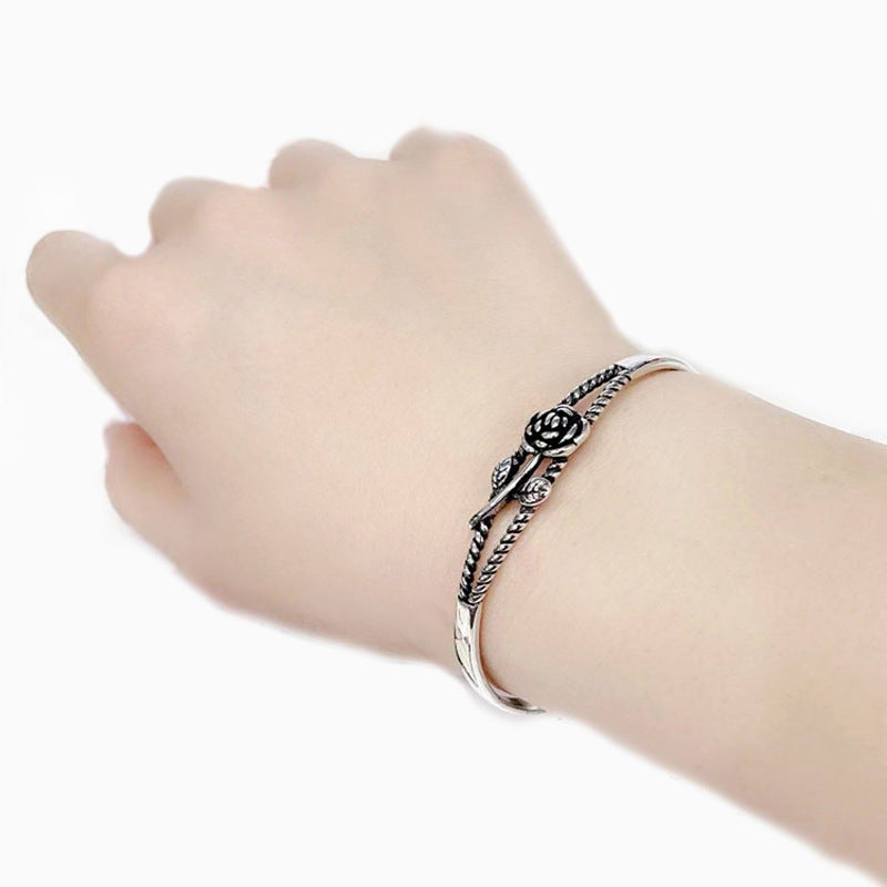 Rose Fashion Personality Sier Plated Flowers Bracelet