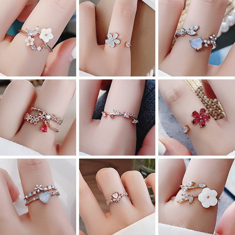 Women's High-grade Sweet Love Heart Flowers Open Rings