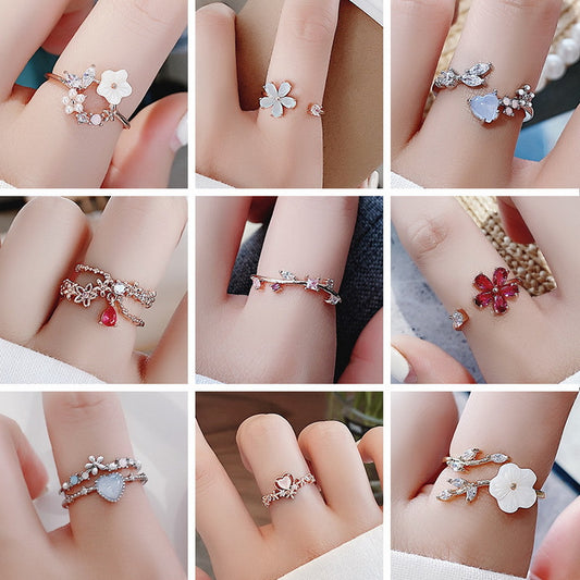 Women's High-grade Sweet Love Heart Flowers Open Rings