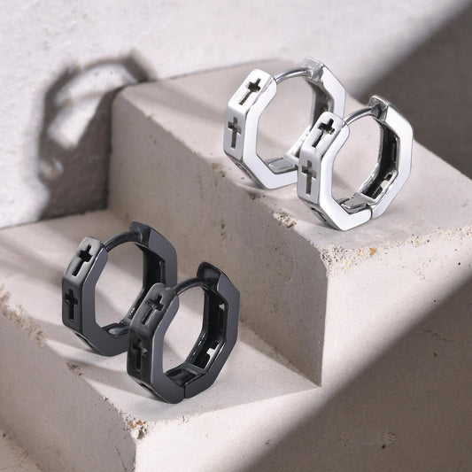 Men's Steel Hollow Cross Geometry Ear Spring Creek Earrings