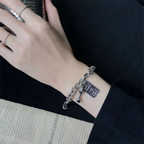 Women's & Men's Fashion Fitness Small Dumbbell Titanium Steel No Fading Letter Bracelet