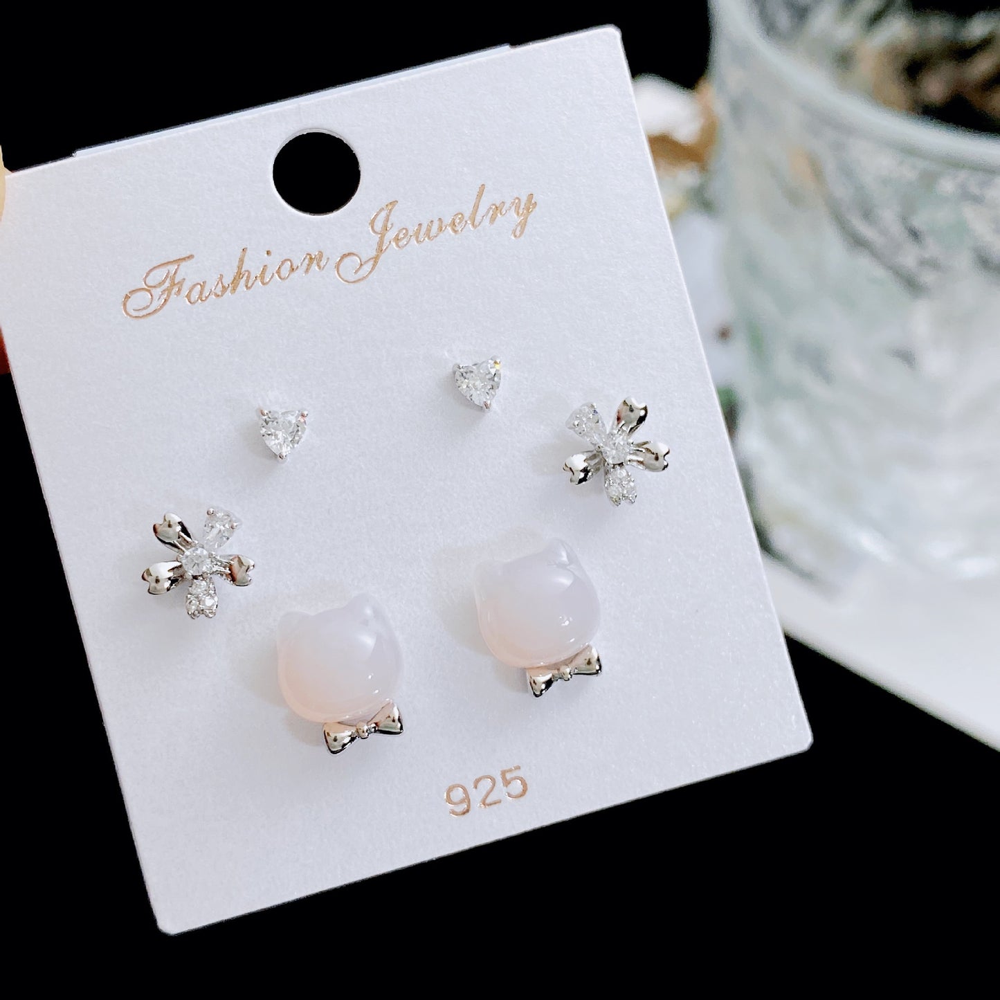 Women's Rhinestone Pearl Three Pairs Storage Ear Earrings