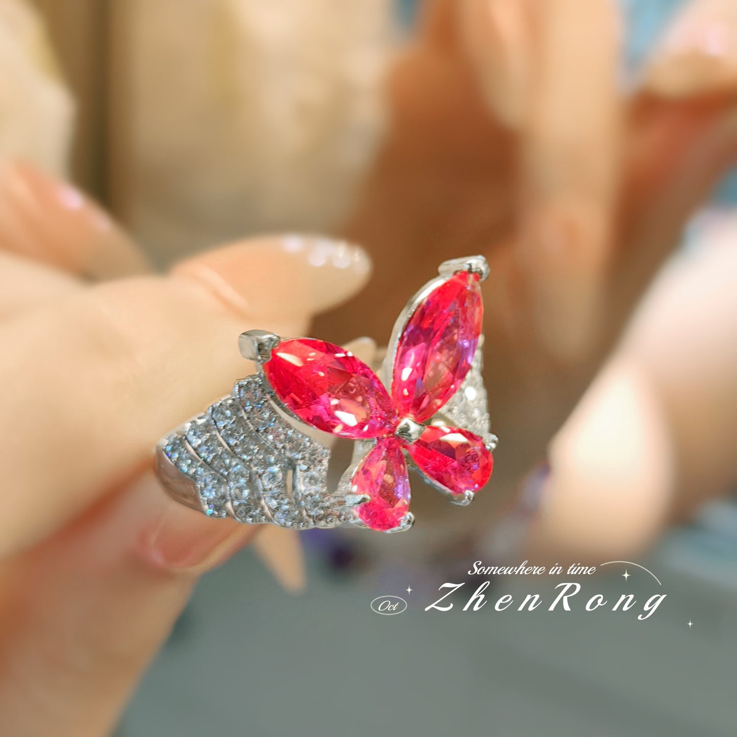 Women's Diamond Red Corundum Blue Pointed Crystal Rings