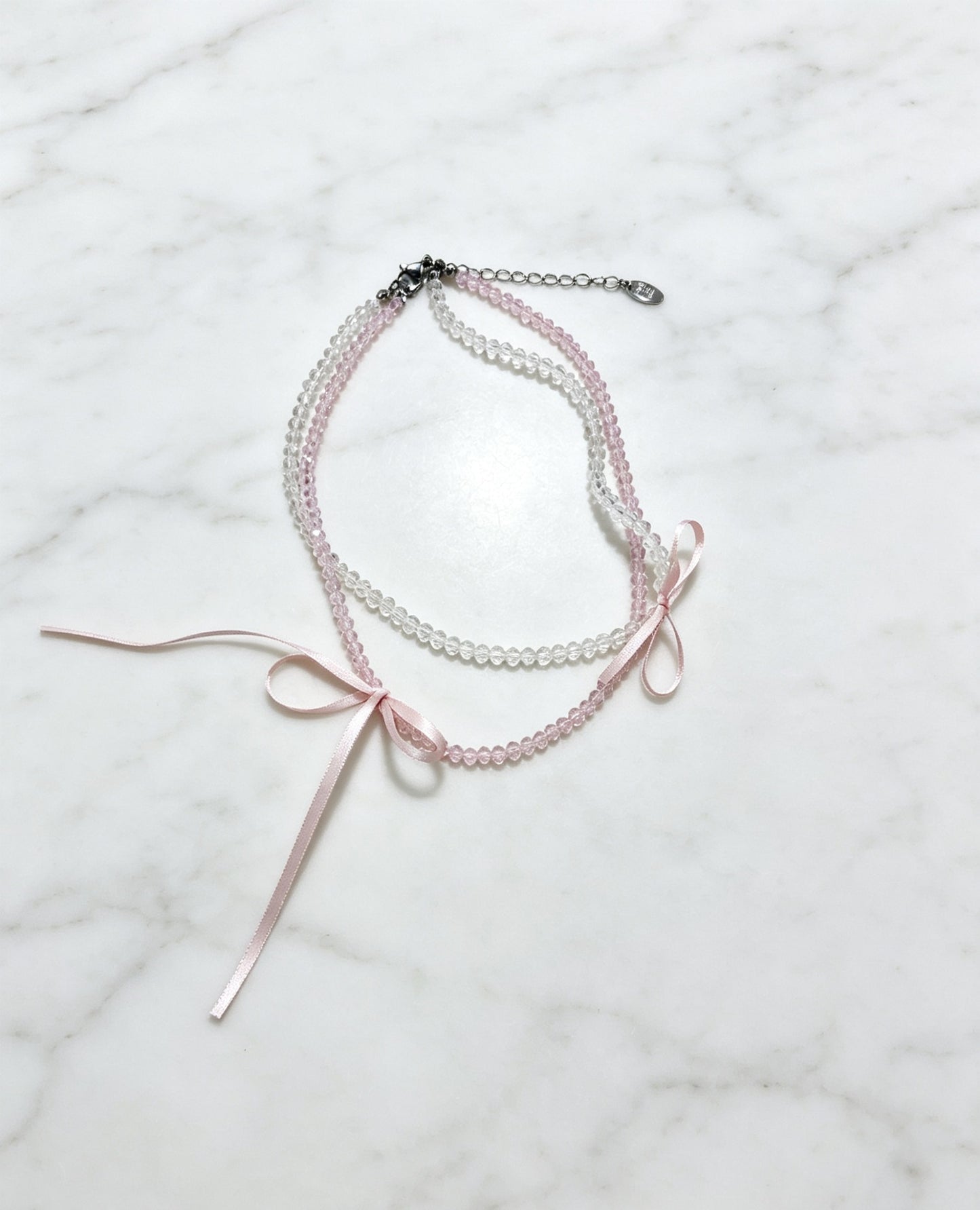 Girly Style Ribbon Bow Gentle Clear Clavicle Chain Beaded Double Necklaces