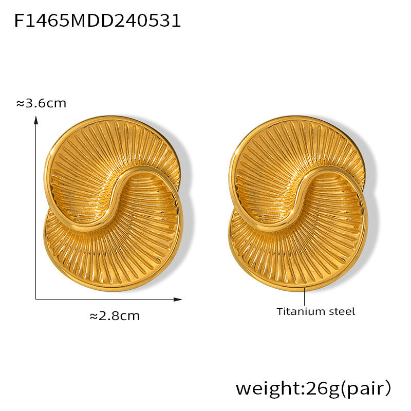 Women's Titanium Steel Gold-plated Water Drop Texture Spiral Asymmetric Color Stud Earrings