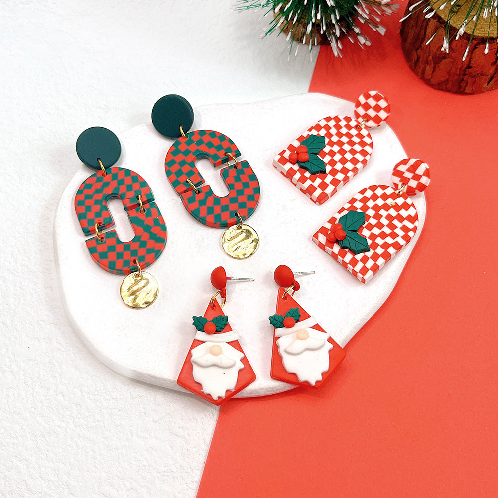 Christmas Jewelry Plaid Geometric Snowman Ear Earrings