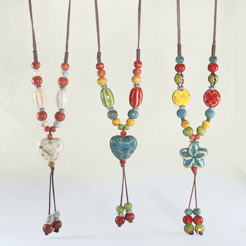 Long Ceramic Woven Love Star Sweater Necklaces