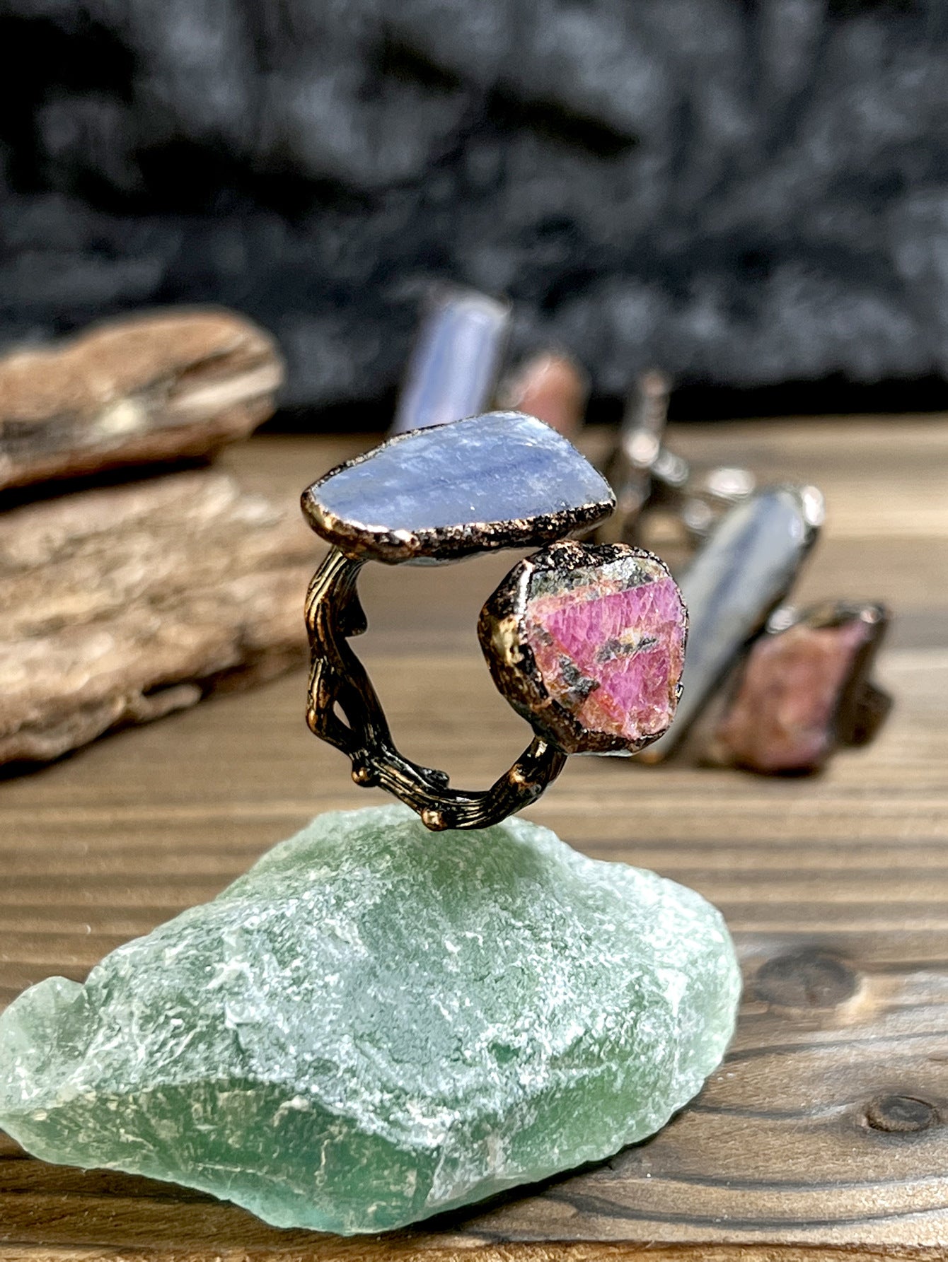 Ruby Rough Stone Blue Crystal Party Ring