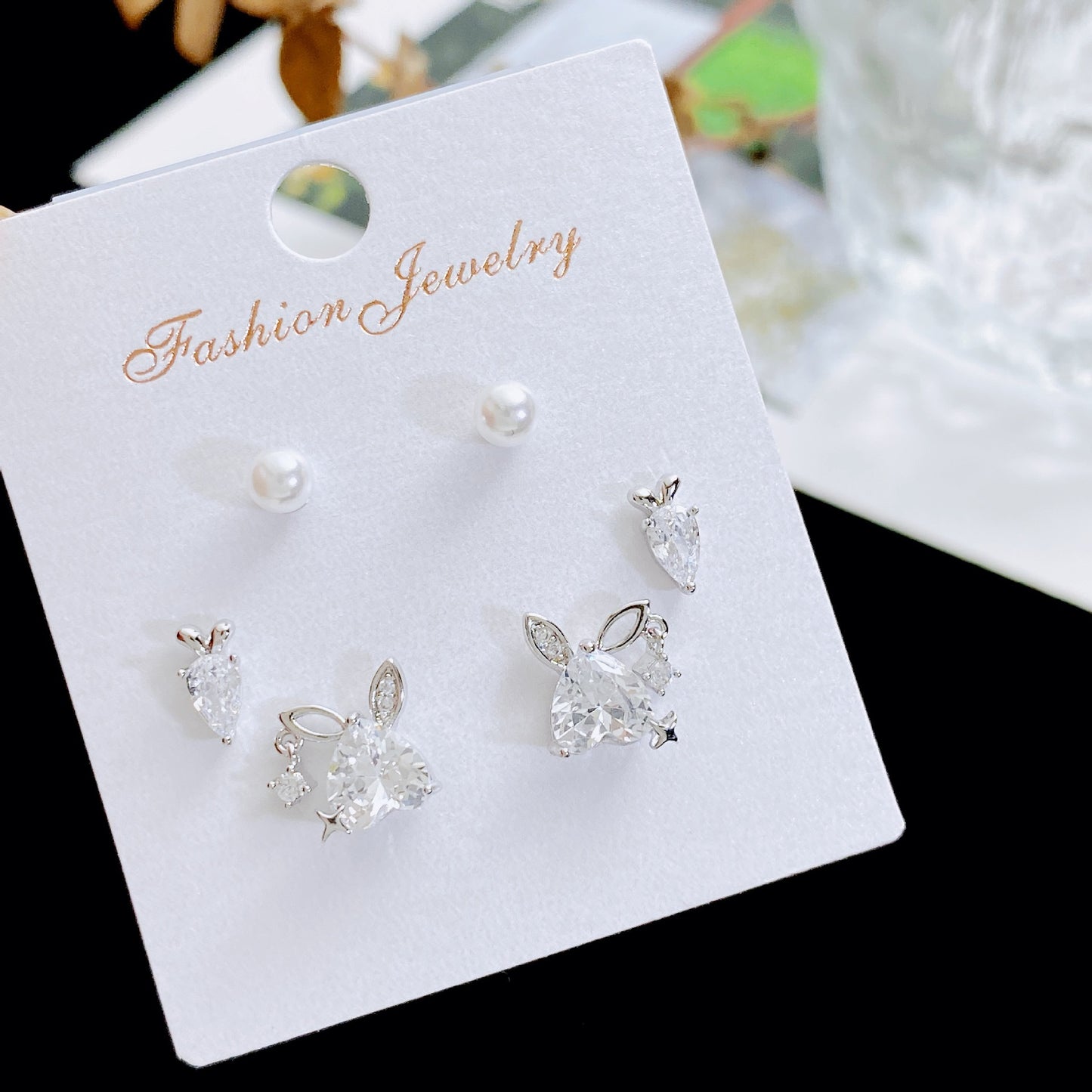 Women's Rhinestone Pearl Three Pairs Storage Ear Earrings