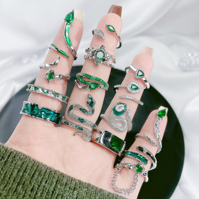 Women's Retro Green Zircon Drip Glazed Temperamental Cold Rings
