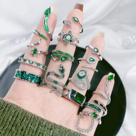 Women's Retro Green Zircon Drip Glazed Temperamental Cold Rings