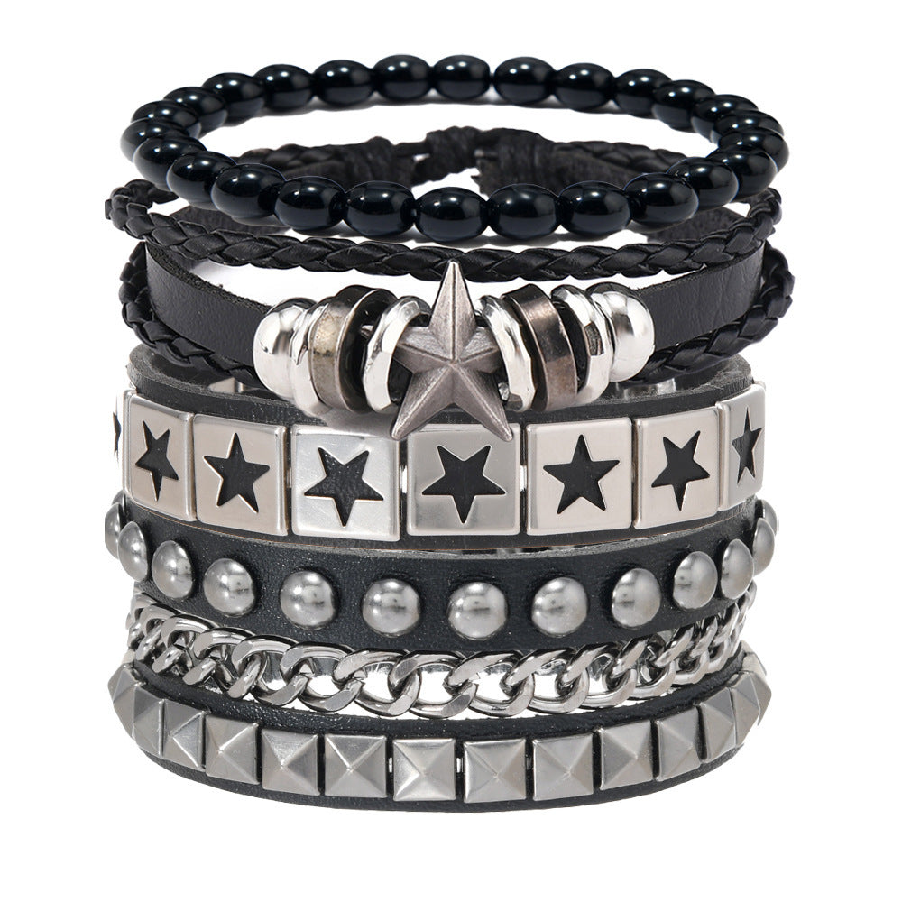 Men's Fashion Width Leather Domineering Personalized Alloy Five-pointed Bracelet