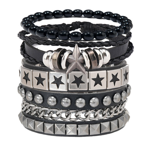 Men's Fashion Width Leather Domineering Personalized Alloy Five-pointed Bracelet