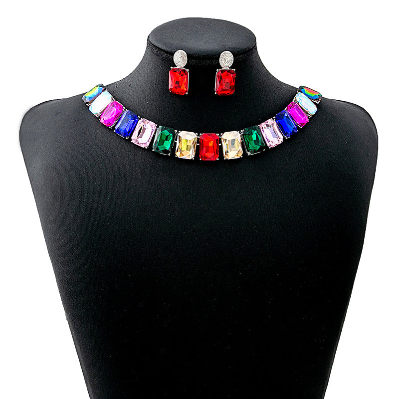 Women's Crystal Square Fashionable Temperament Dinner Exaggerated Jewelry Set
