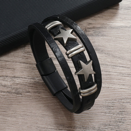 Retro Alloy Geometric Magnetic Buckle Leather Bracelets