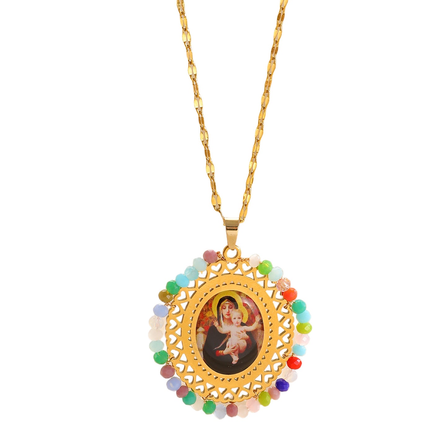 Stainless Steel Color Crystal Virgin Portrait Hollow Oval Necklaces