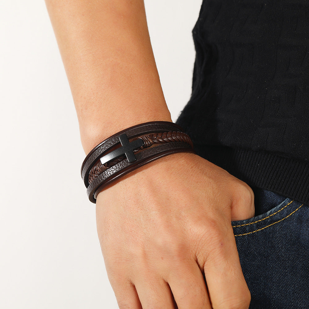 Men's Writing Woven Handmade Leather Magnetic Snap Bracelets