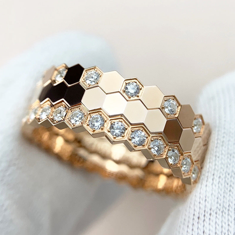 Gold-plated Honeycomb Full Diamond Carved Hexagonal Rings