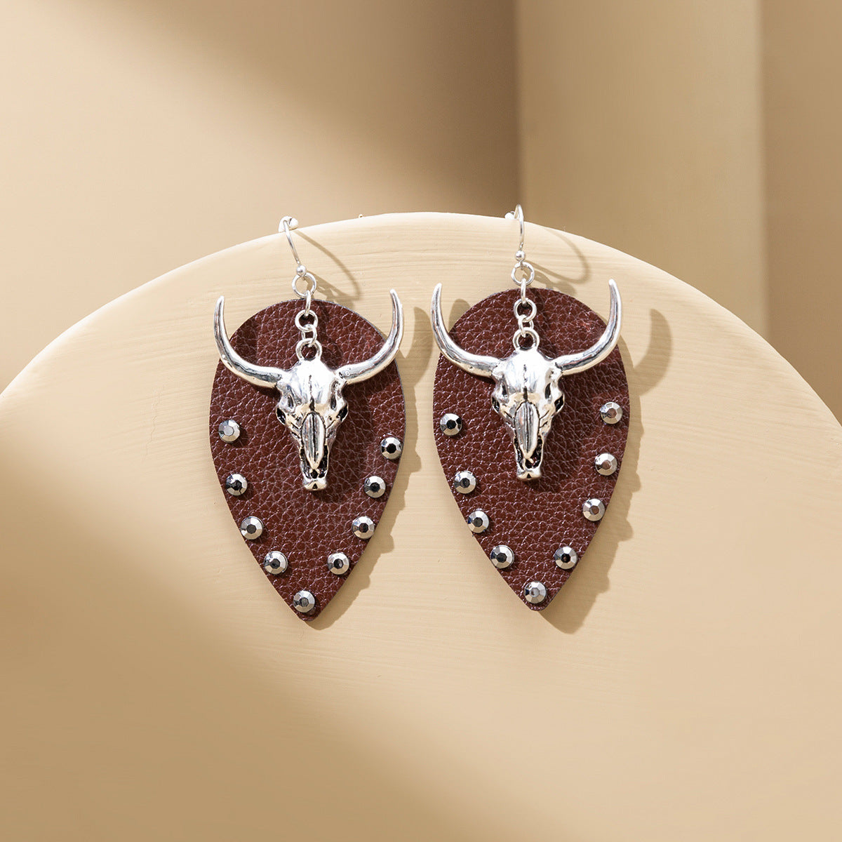 Cow Head Leather Spot Drill Rhinestone Vintage Ethnic Earrings