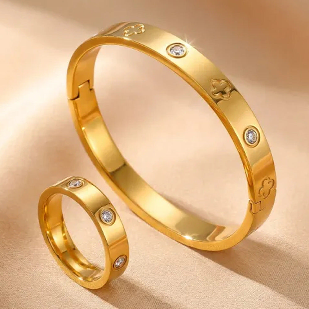 Waterproof Titanium Steel Diamond Four-leaf Clover High Ring