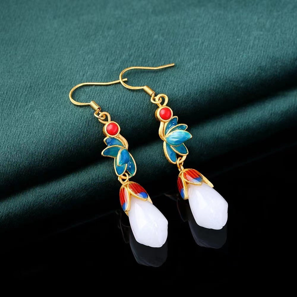 Imitation Jade Epoxy Magnolia National Style Earrings