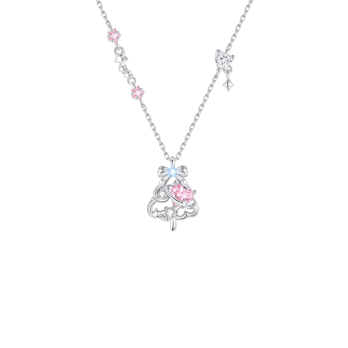 Sier Dreamy Snowflake Bow Bell Female Niche Necklaces