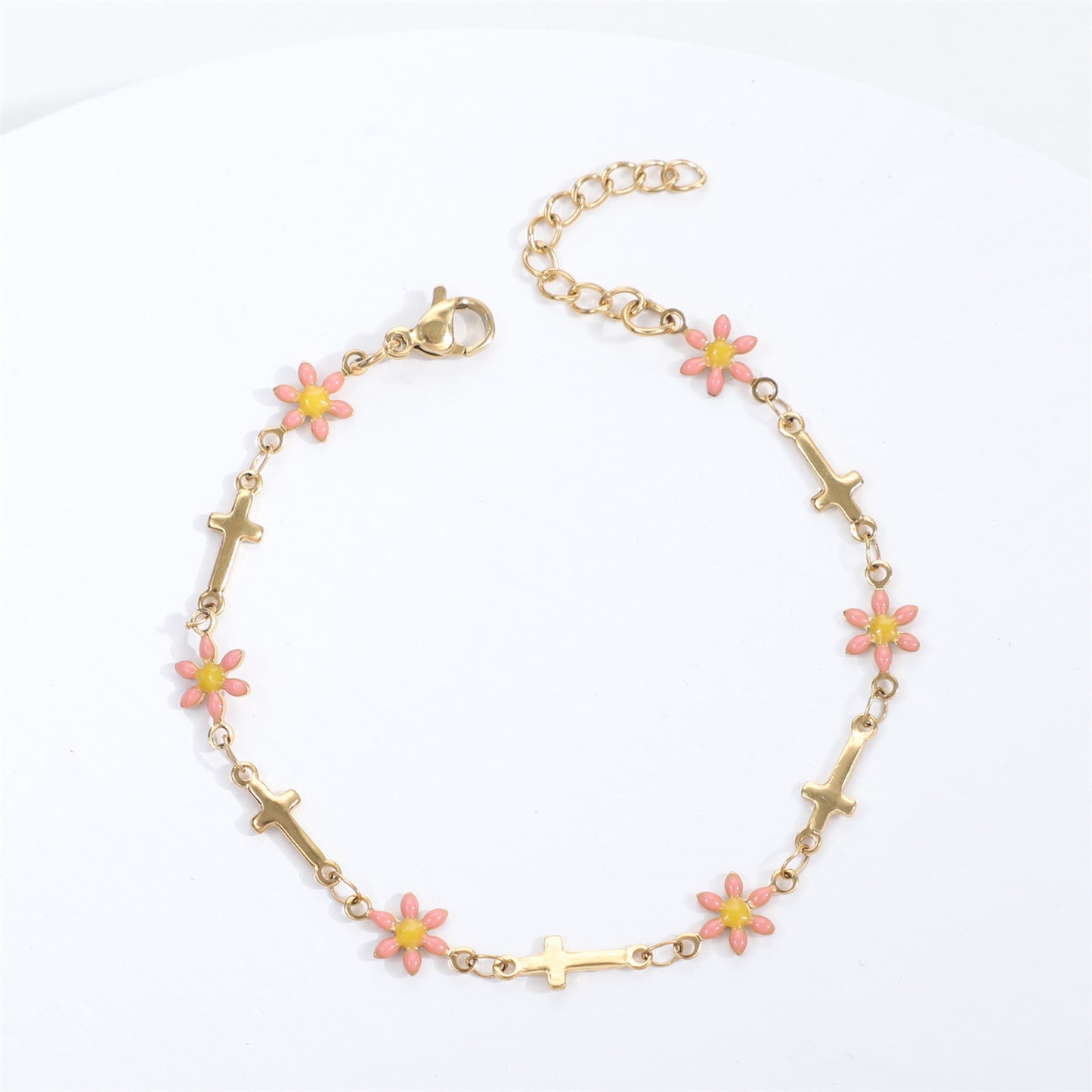 Gold Gaanized Enamel Colorful Oil Cross Chrysanthemum Unique Fashion Stainless Bracelet