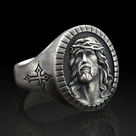 Men's Oxidation Ancient Sier Oval Cross Finger Rings