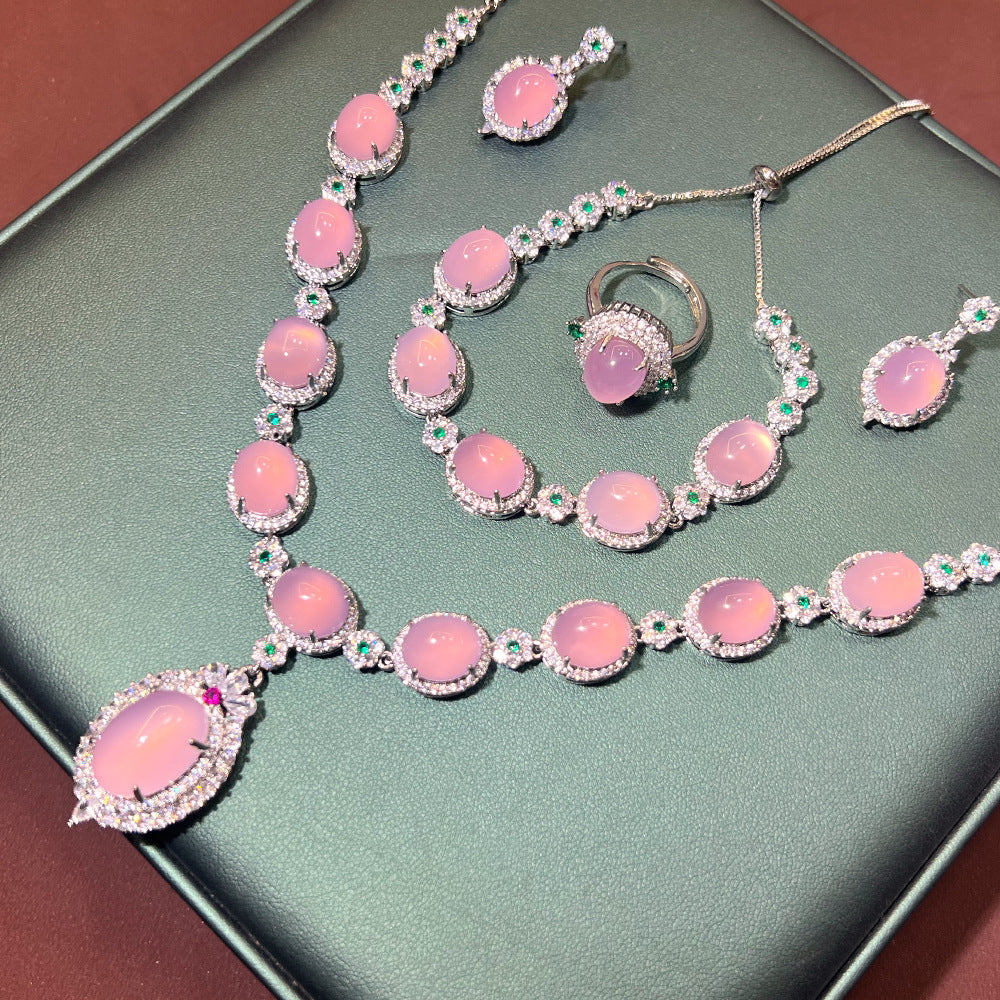 Chinese Sapphire Chalcedony Retro Court Sier Jewelry Set