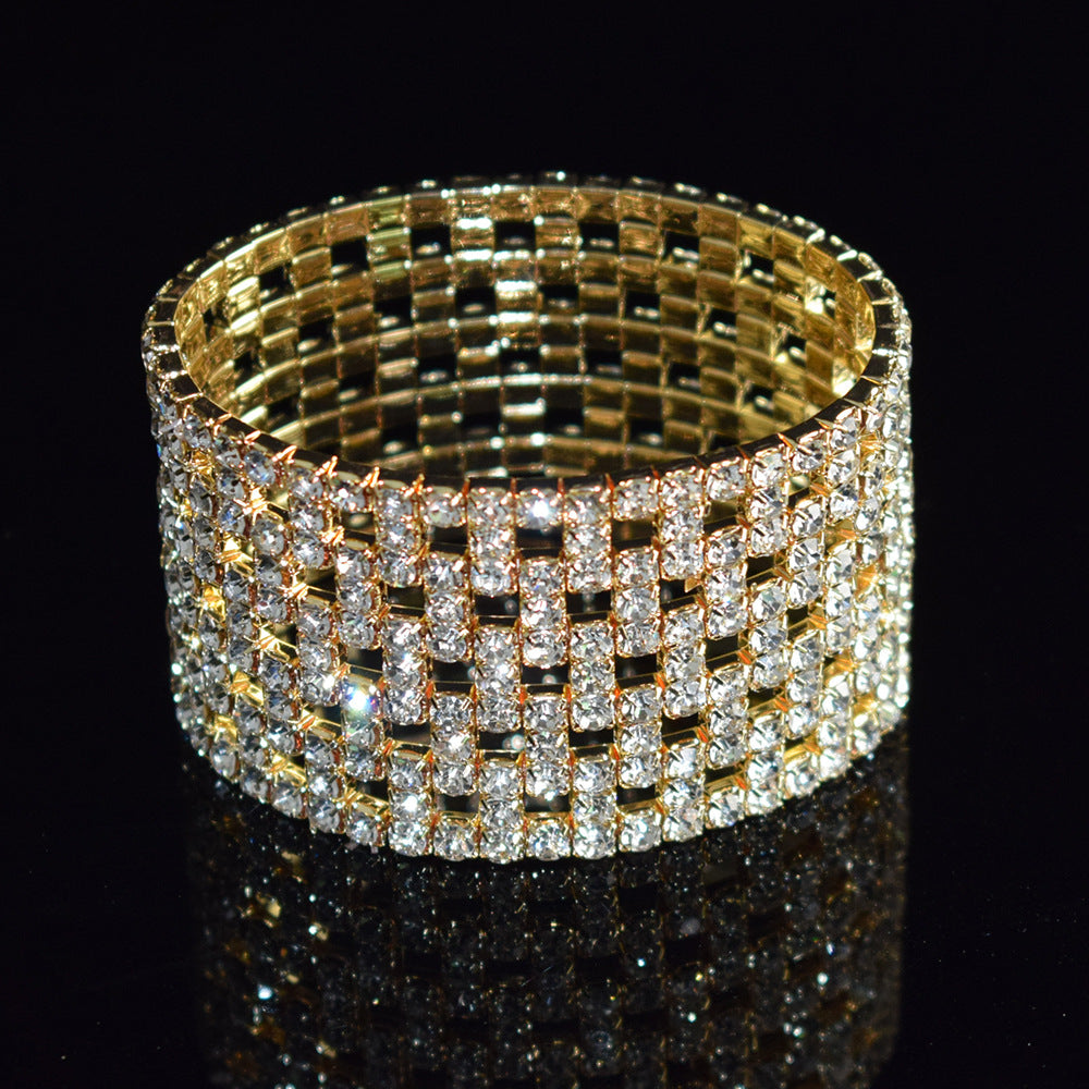 Elastic Hollow Rubber Band Full Rhinestone Exaggerated Wide Bangle Bracelets