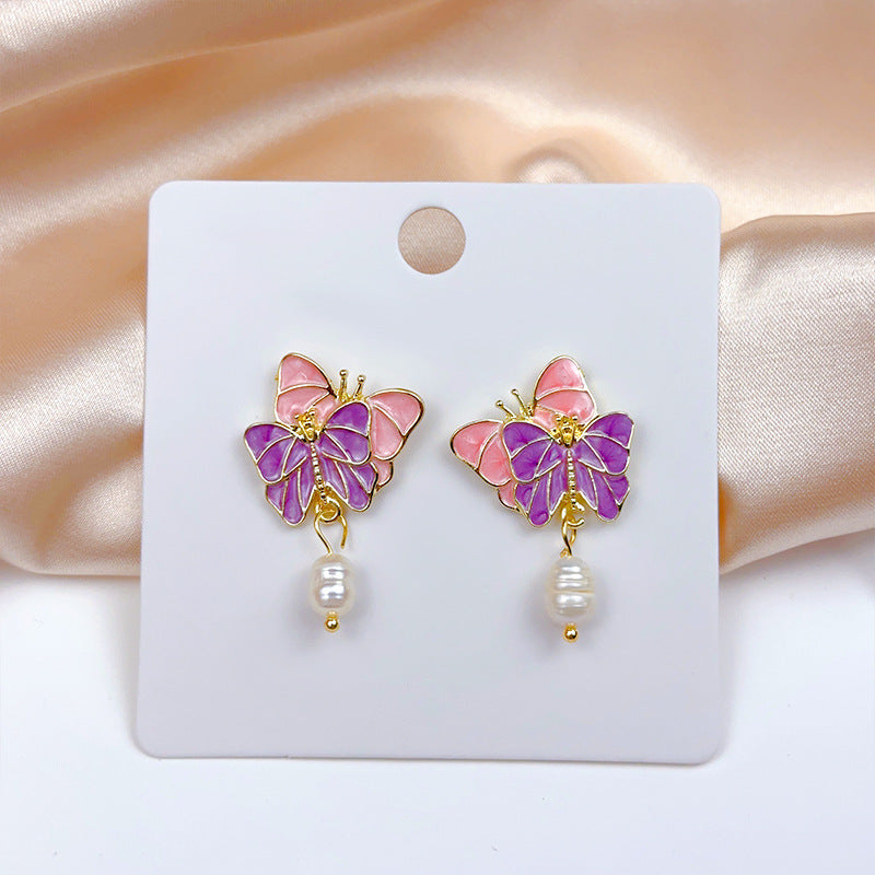 Enamel Fairy Temperamental Love Heart Flowers Sier Earrings