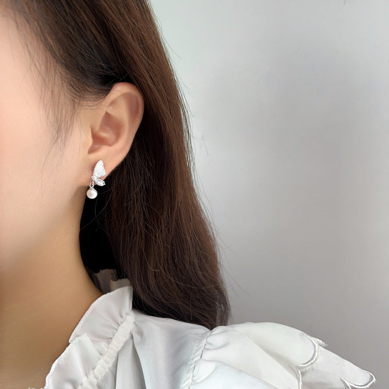Women's Sier Needle Fog Blue Butterfly Light Earrings