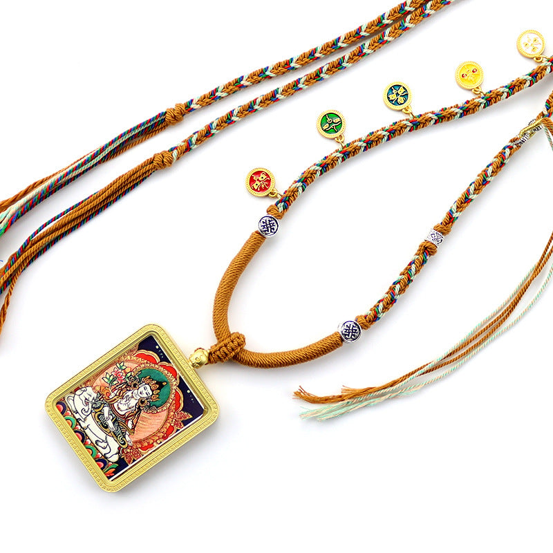 Tibetan Hand Painted Golden Outline Eight Patron Saints Double-sided Necklaces