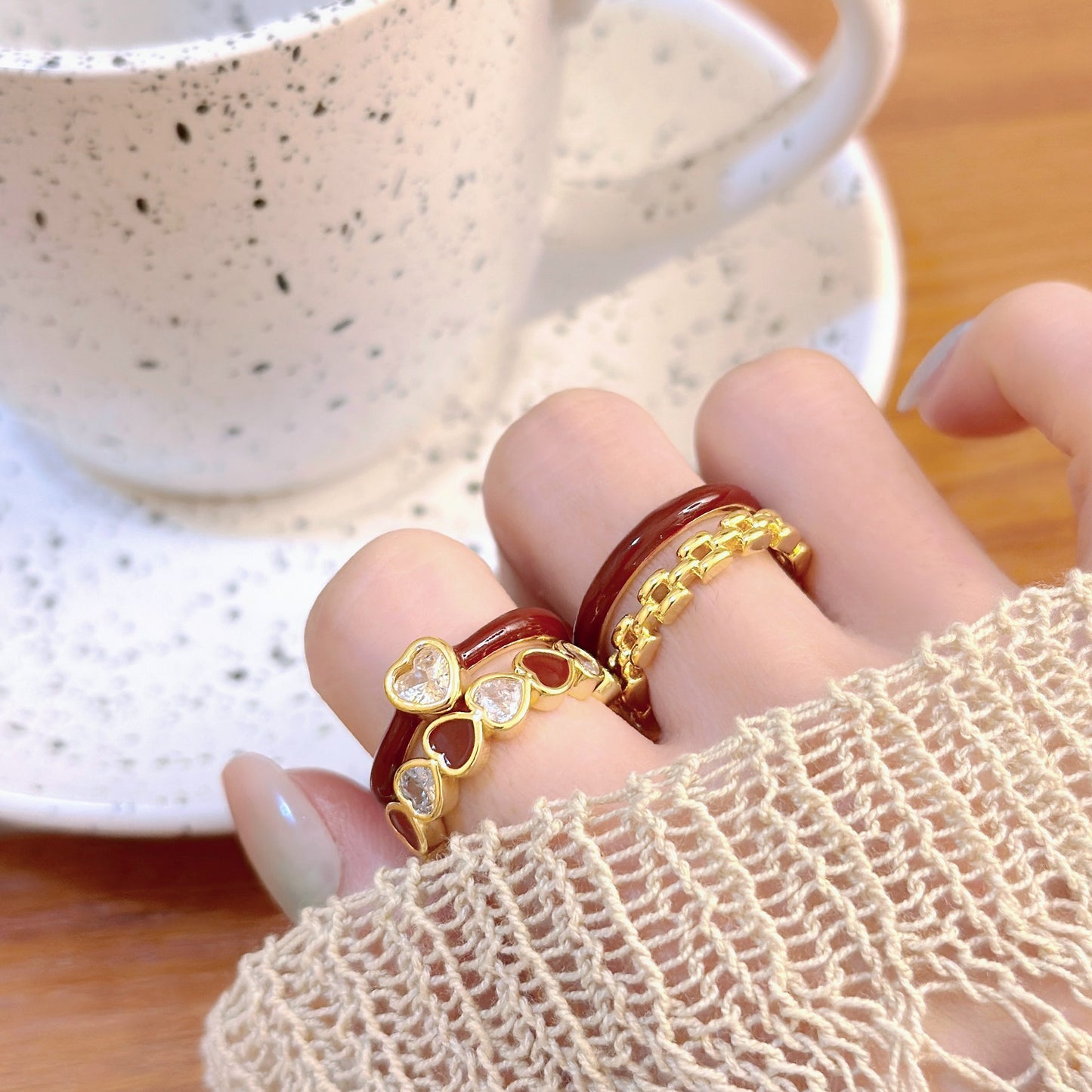 Red Dripping Oil Love Inlaid Zirconium Adjustable Index Rings