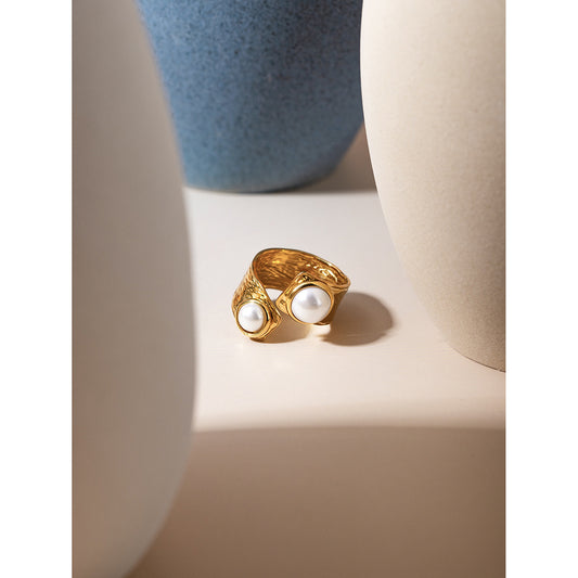Stainless Steel Irregular Open Pearl Ornament Rings