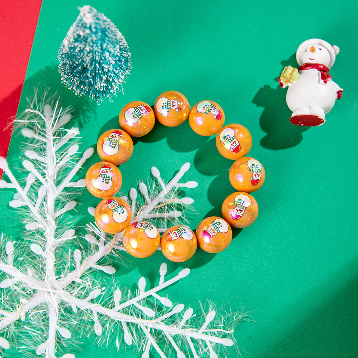 Snowman Bell Printed Resin Round Beads Elastic Bracelets