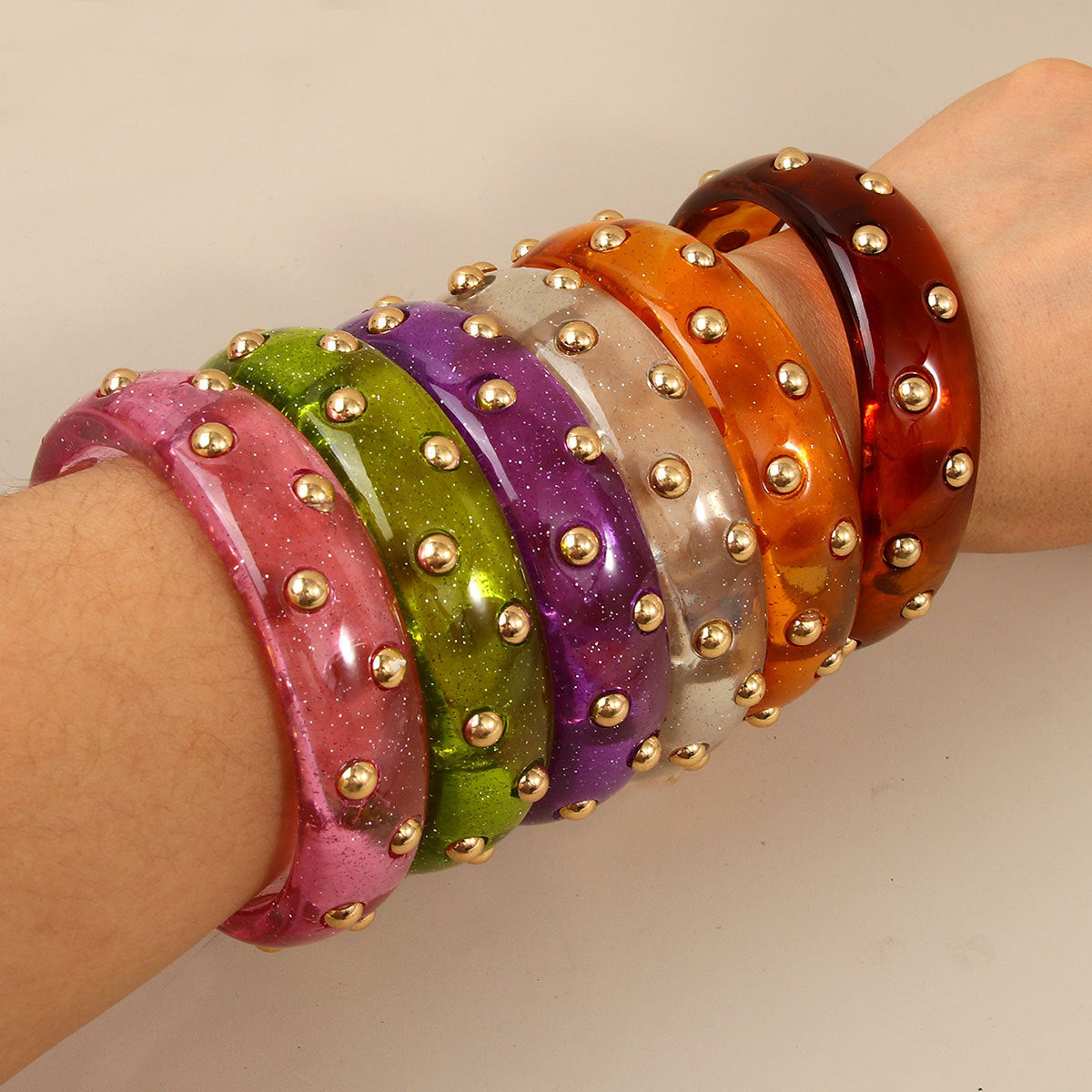 Fashion Personalized Transparent Sier Pink Diamond Gold Bean Color Resin Bracelet