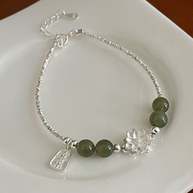 Women's Sterling Sier Small Pieces Of Chinese Lotus Jade Niche Beaded Bracelets
