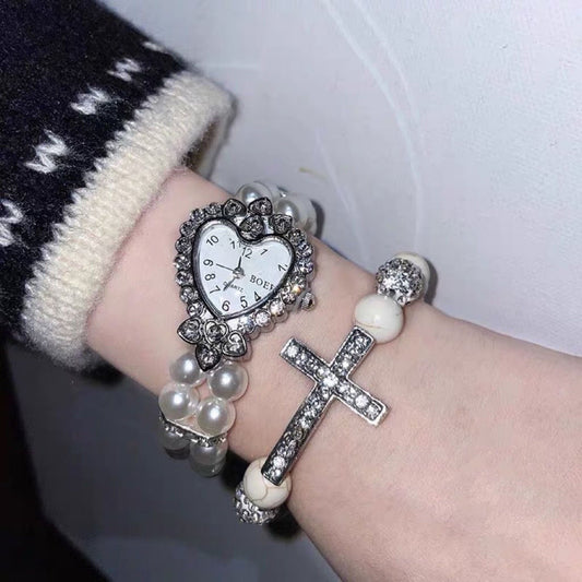 Women's Pearl Heart Watch Diamond Cross Elastic Bracelet