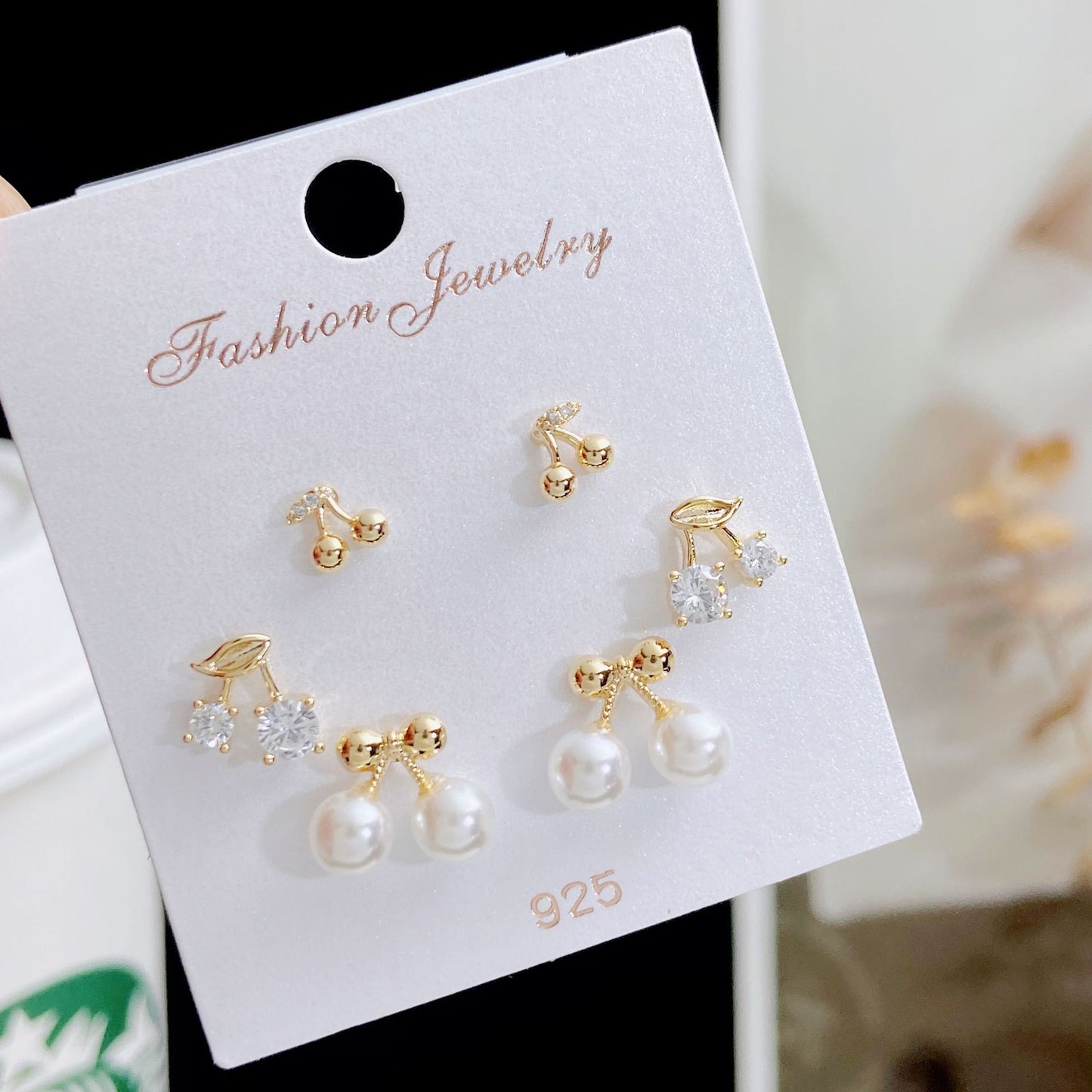 Women's Rhinestone Pearl Three Pairs Storage Ear Earrings