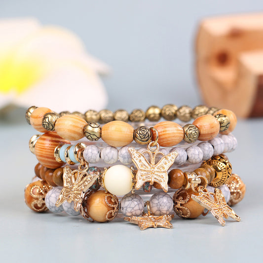 Exquisite Wooden Bead Bohemian Tassel Four Pendants