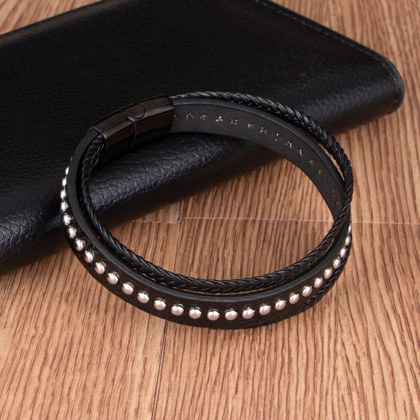 Men's Woven Leather Unique Punk Style Rivet Bracelet